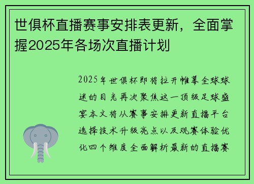 世俱杯直播赛事安排表更新，全面掌握2025年各场次直播计划